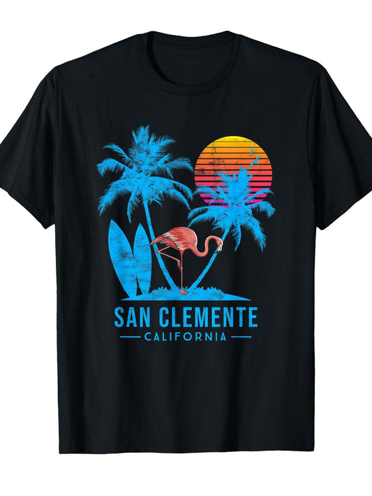 San Clemente, Orange County, California. Palm Trees Sunset T-shirt Orange County 220gsm Cotton Round Neck Short Sleeve Casual Henley Shirt Men T-shirt