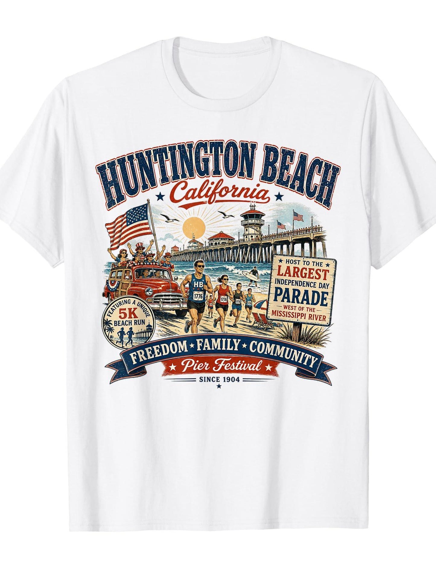 Huntington Beach California - 4th Of July Festivities T-shirt Orange County 220gsm Cotton Round Neck Short Sleeve Casual Henley Shirt Men T-shirt