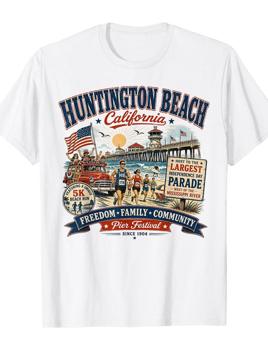 Huntington Beach California - 4th Of July Festivities T-shirt Orange County 220gsm Cotton Round Neck Short Sleeve Casual Henley Shirt Men T-shirt
