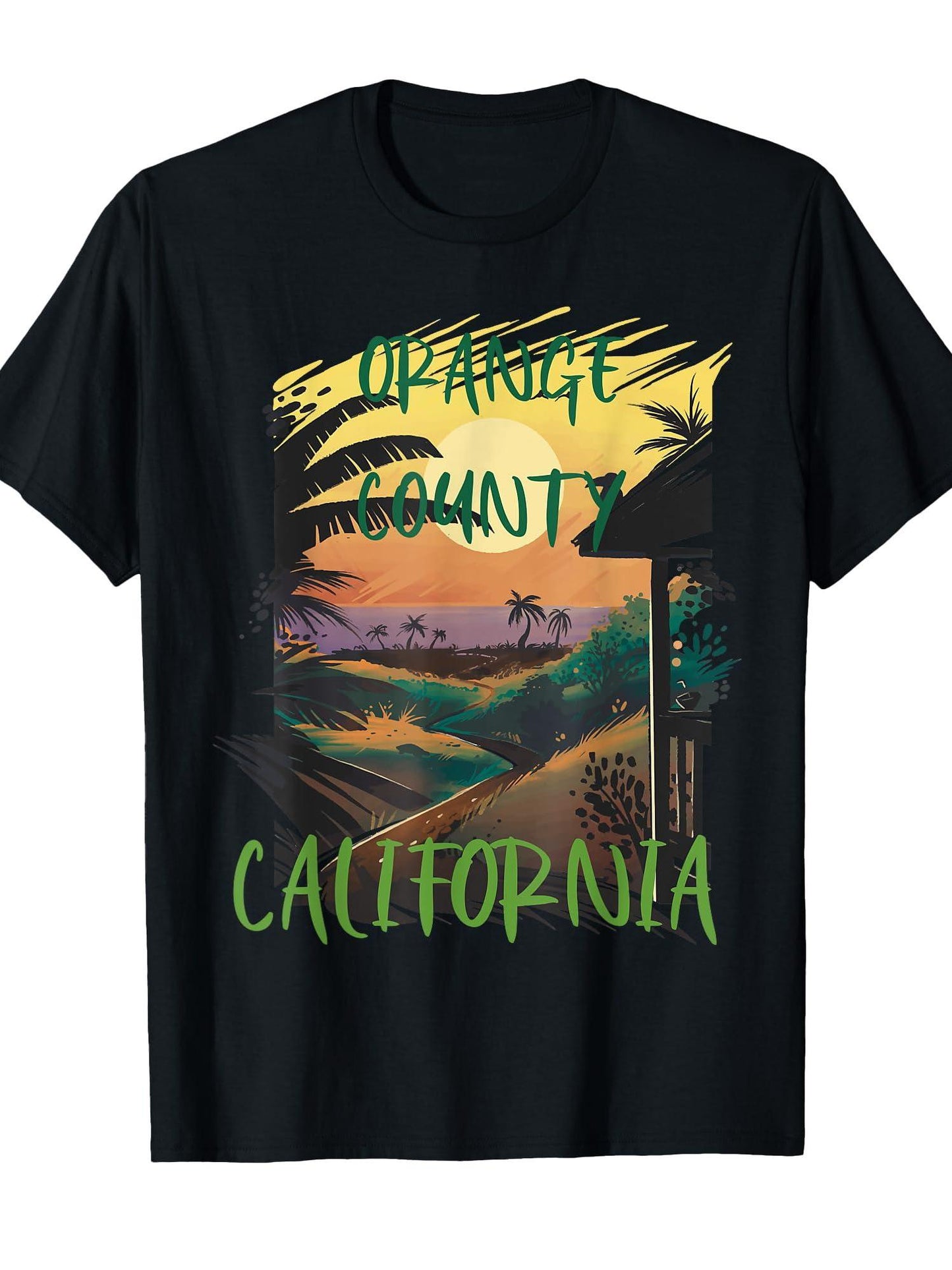 Orange County Beach Palm Trees California Vacation Surfing T-shirt Orange County 220gsm Cotton Round Neck Short Sleeve Casual Henley Shirt Men T-shirt