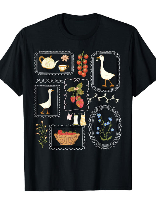Coquette Goose Cottagecore Floral Gardening Farmer Womens T-shirt Garden 220gsm Cotton Round Neck Short Sleeve Casual Henley Shirt Men T-shirt