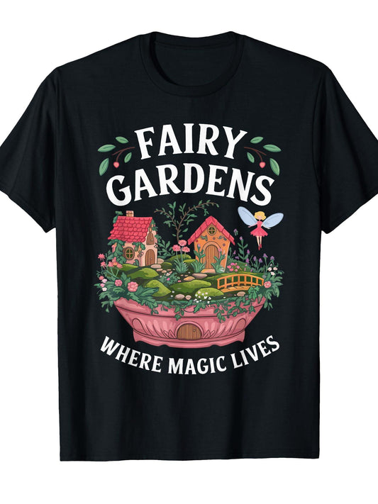 Fairy Garden Micro Figurines Lover Miniature Fairy Garden T-shirt Garden 220gsm Cotton Round Neck Short Sleeve Casual Henley Shirt Men T-shirt
