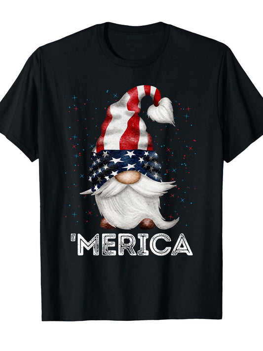 4th Of July Patriotic Gnome American Flag Colored Gnome T-shirt Garden 220gsm Cotton Round Neck Short Sleeve Casual Henley Shirt Men T-shirt