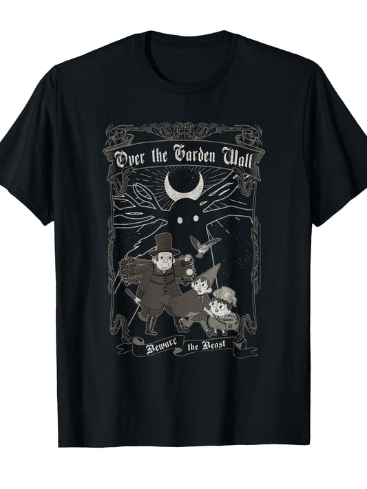 Over The Garden Wall Vintage Framed Scene Spooky Cartoon T-shirt Garden 220gsm Cotton Round Neck Short Sleeve Casual Henley Shirt Men T-shirt
