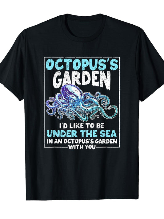 Octopus's Garden Funny Gardening Kraken Octo Lover Octopus T-shirt Garden 220gsm Cotton Round Neck Short Sleeve Casual Henley Shirt Men T-shirt