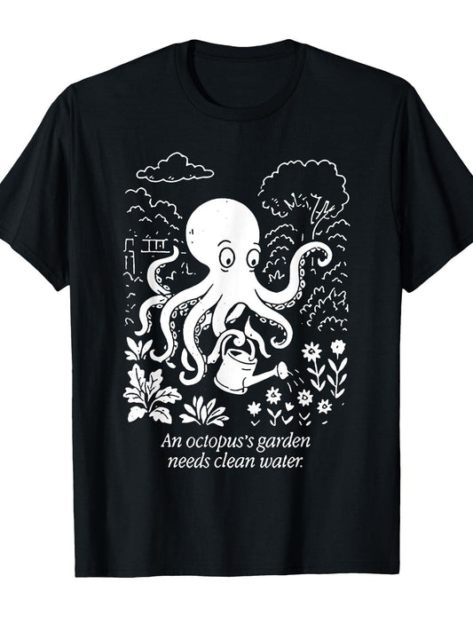 An Octopus's Garden Need Clean Water T-shirt Garden 220gsm Cotton Round Neck Short Sleeve Casual Henley Shirt Men T-shirt